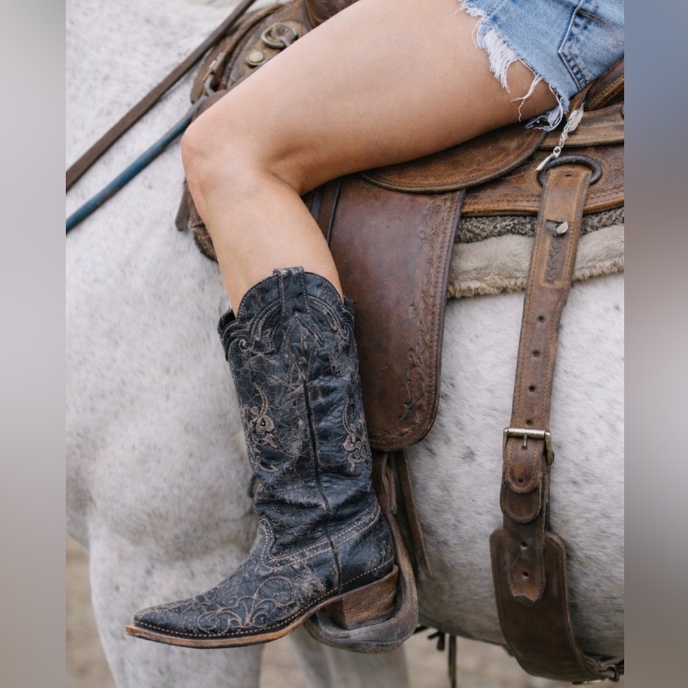 COWBOY BOOTS BLACK LTHR W/LIZARD INLAY 8.5 CORRAL POINTED WESTERN countrycore - Picture 3 of 15